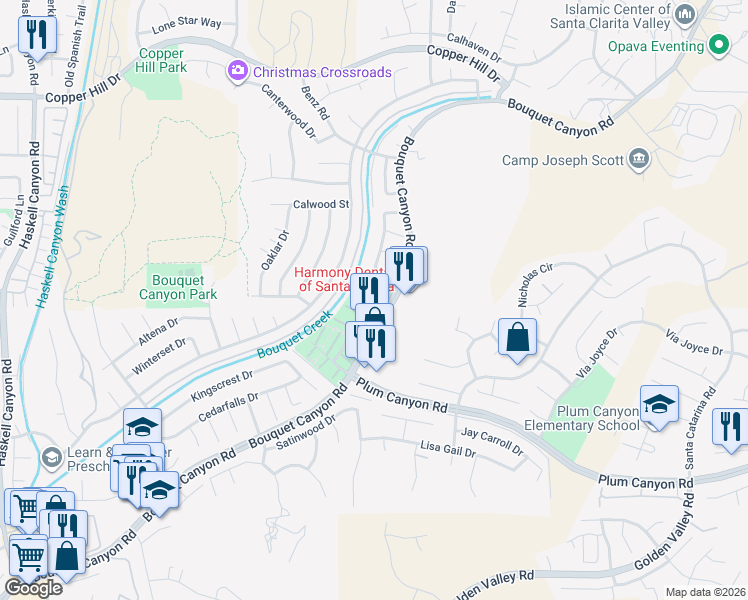 map of restaurants, bars, coffee shops, grocery stores, and more near 20715 Dot Street in Santa Clarita