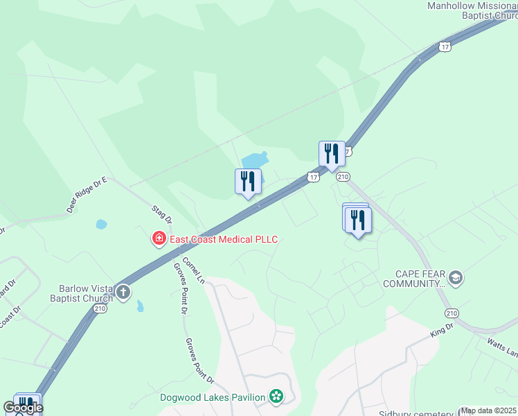 map of restaurants, bars, coffee shops, grocery stores, and more near 21572 U.S. 17 in Hampstead