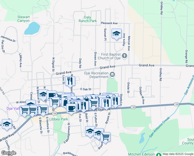 map of restaurants, bars, coffee shops, grocery stores, and more near 413 Drown Avenue in Ojai