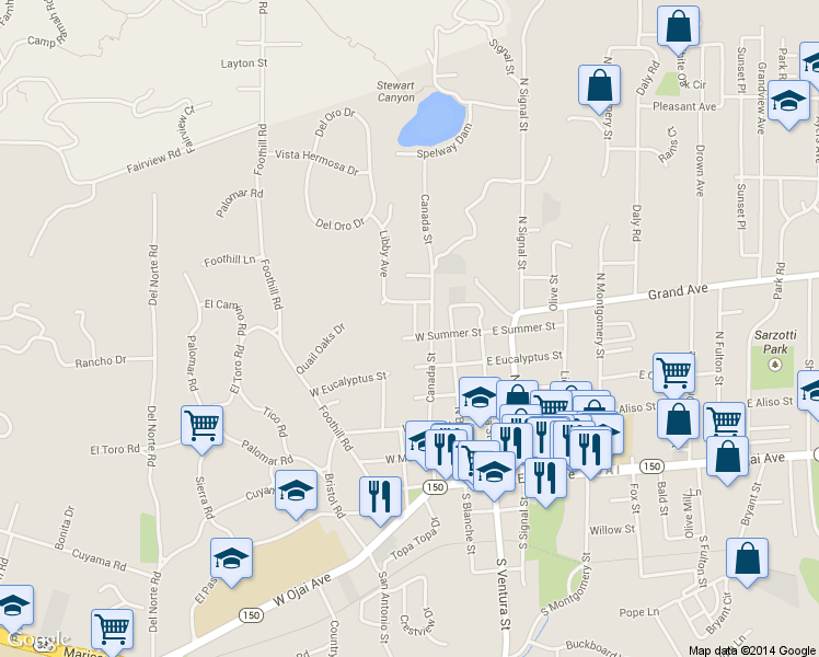 map of restaurants, bars, coffee shops, grocery stores, and more near 507 Canada Street in Ojai