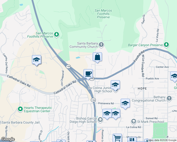 map of restaurants, bars, coffee shops, grocery stores, and more near 4132 Foothill Road in Santa Barbara