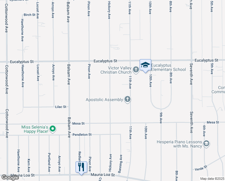 map of restaurants, bars, coffee shops, grocery stores, and more near 11123 Hickory Avenue in Hesperia