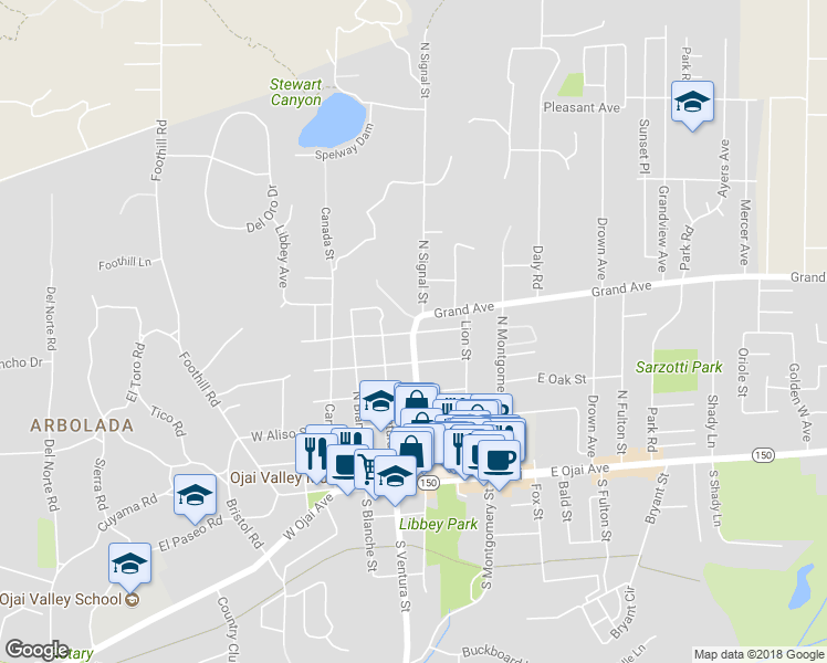 map of restaurants, bars, coffee shops, grocery stores, and more near 699 North Signal Street in Ojai