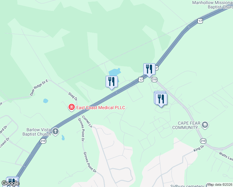 map of restaurants, bars, coffee shops, grocery stores, and more near 19240 U.S. 17 in Hampstead