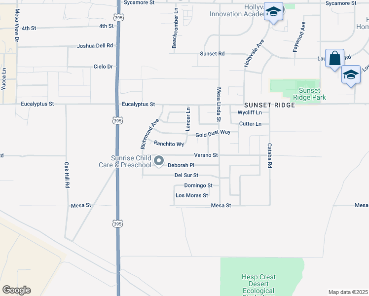 map of restaurants, bars, coffee shops, grocery stores, and more near 12383 Ranchito Way in Victorville