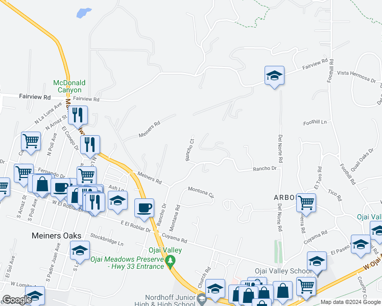 map of restaurants, bars, coffee shops, grocery stores, and more near 1195 Rancho Court in Ojai