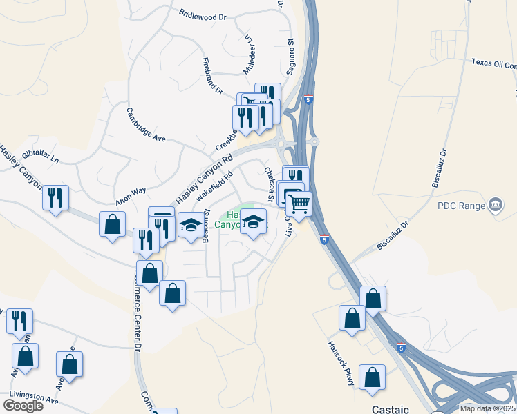 map of restaurants, bars, coffee shops, grocery stores, and more near 27702 Quincy Street in Castaic