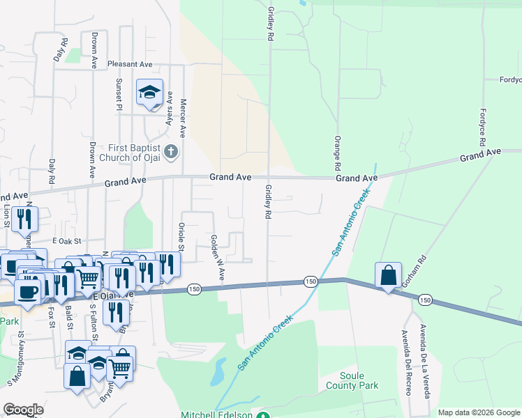 map of restaurants, bars, coffee shops, grocery stores, and more near 435 Gridley Road in Ojai