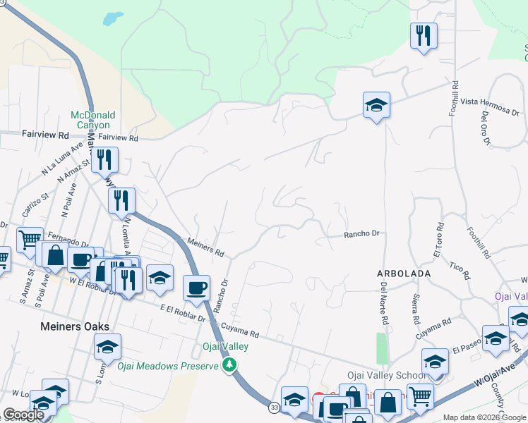 map of restaurants, bars, coffee shops, grocery stores, and more near 1195 Rancho Court in Ojai