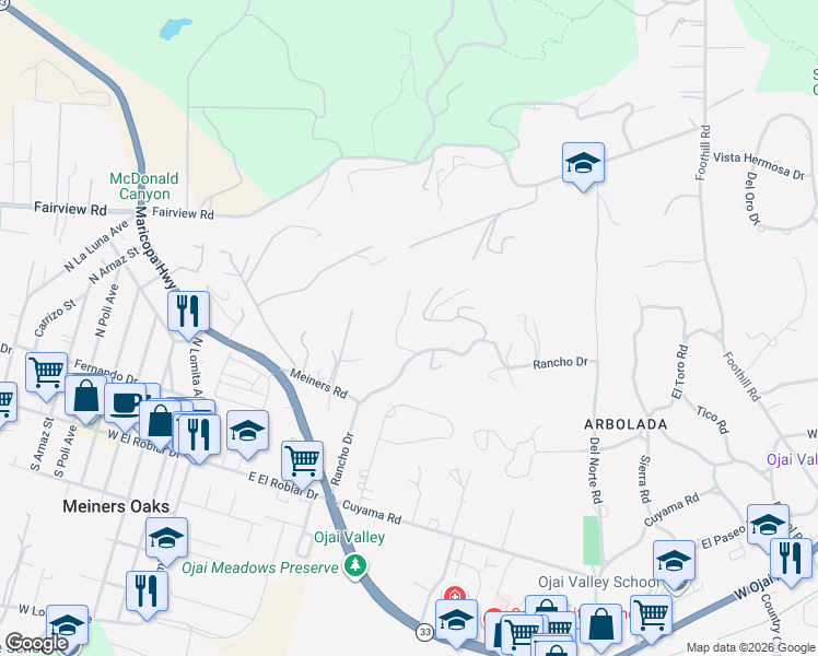 map of restaurants, bars, coffee shops, grocery stores, and more near 1175 Rancho Drive in Ojai