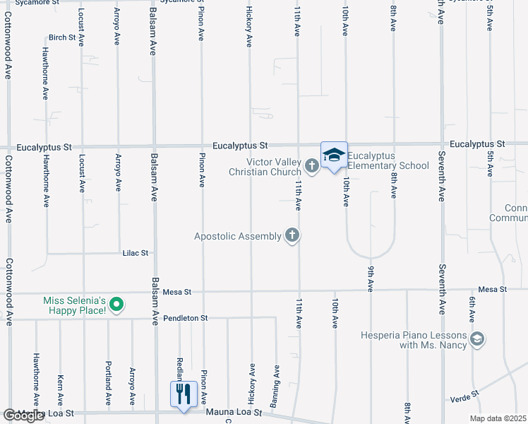 map of restaurants, bars, coffee shops, grocery stores, and more near 11123 Hickory Avenue in Hesperia