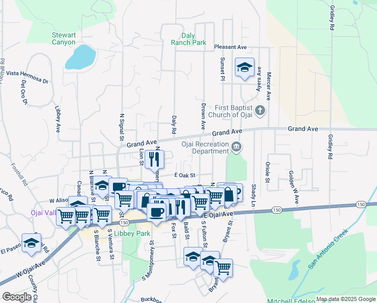 map of restaurants, bars, coffee shops, grocery stores, and more near 505 Grand Avenue in Ojai