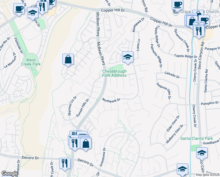 map of restaurants, bars, coffee shops, grocery stores, and more near 23527 Summerglen Place in Santa Clarita