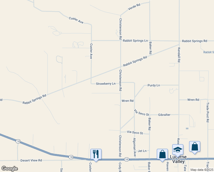 map of restaurants, bars, coffee shops, grocery stores, and more near Strawberry Lane in Lucerne Valley