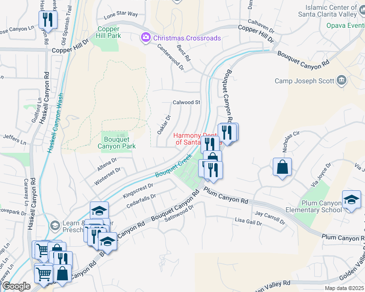 map of restaurants, bars, coffee shops, grocery stores, and more near 28111 Alaminos Drive in Santa Clarita