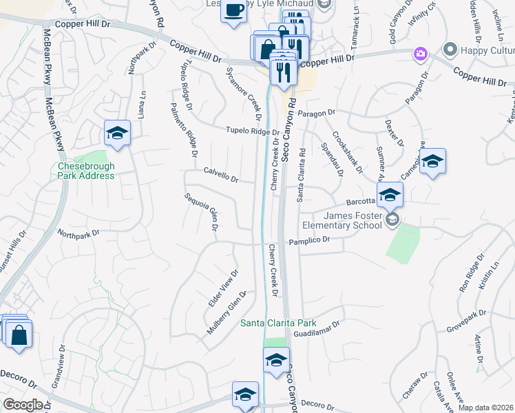 map of restaurants, bars, coffee shops, grocery stores, and more near 27568 Sycamore Creek Drive in Santa Clarita