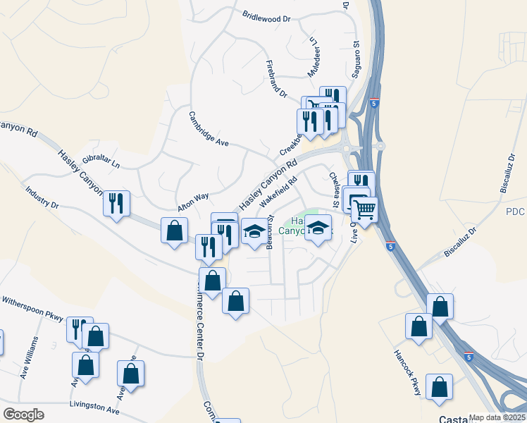map of restaurants, bars, coffee shops, grocery stores, and more near 27866 Wakefield Road in Castaic