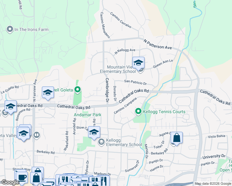 map of restaurants, bars, coffee shops, grocery stores, and more near 756 Dorado Drive in Goleta