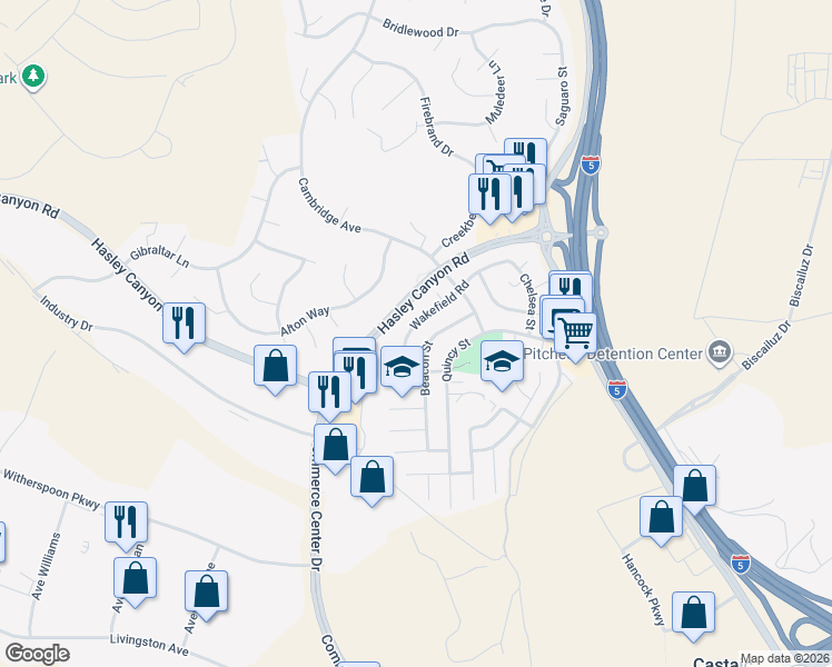 map of restaurants, bars, coffee shops, grocery stores, and more near 27866 Wakefield Road in Castaic
