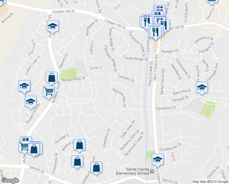 map of restaurants, bars, coffee shops, grocery stores, and more near 27717 Sequoia Glen Drive in Santa Clarita