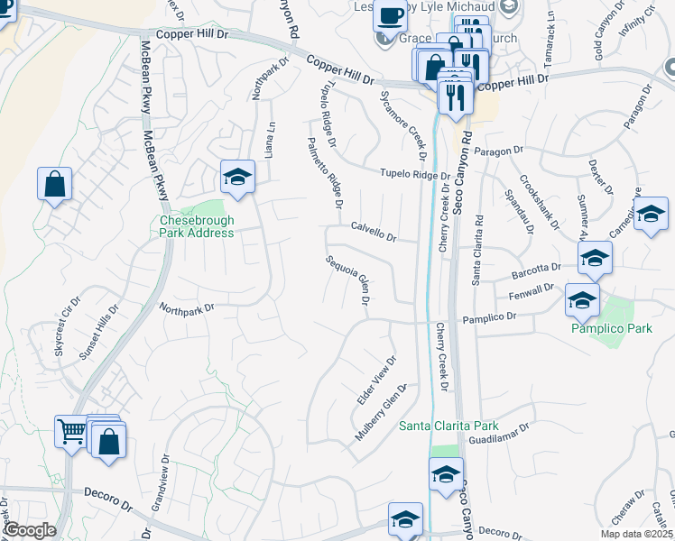 map of restaurants, bars, coffee shops, grocery stores, and more near 27717 Sequoia Glen Drive in Santa Clarita