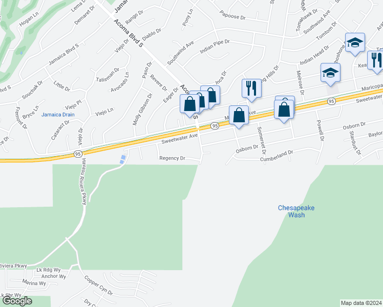 map of restaurants, bars, coffee shops, grocery stores, and more near 2660 Sweetwater Avenue in Lake Havasu City