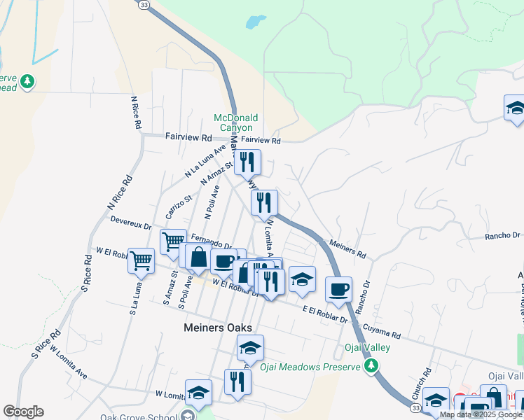 map of restaurants, bars, coffee shops, grocery stores, and more near 2225 Maricopa Highway in Ojai