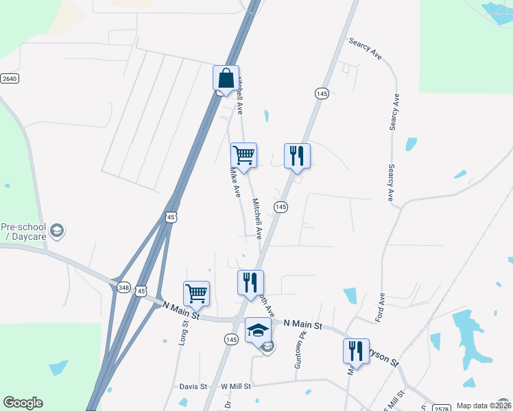 map of restaurants, bars, coffee shops, grocery stores, and more near 642 Mitchell Avenue in Guntown