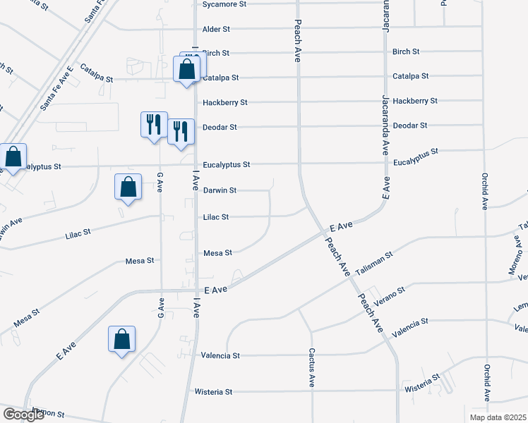 map of restaurants, bars, coffee shops, grocery stores, and more near 17890 Lilac Street in Hesperia