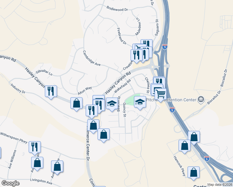 map of restaurants, bars, coffee shops, grocery stores, and more near 27832 Wakefield Road in Castaic