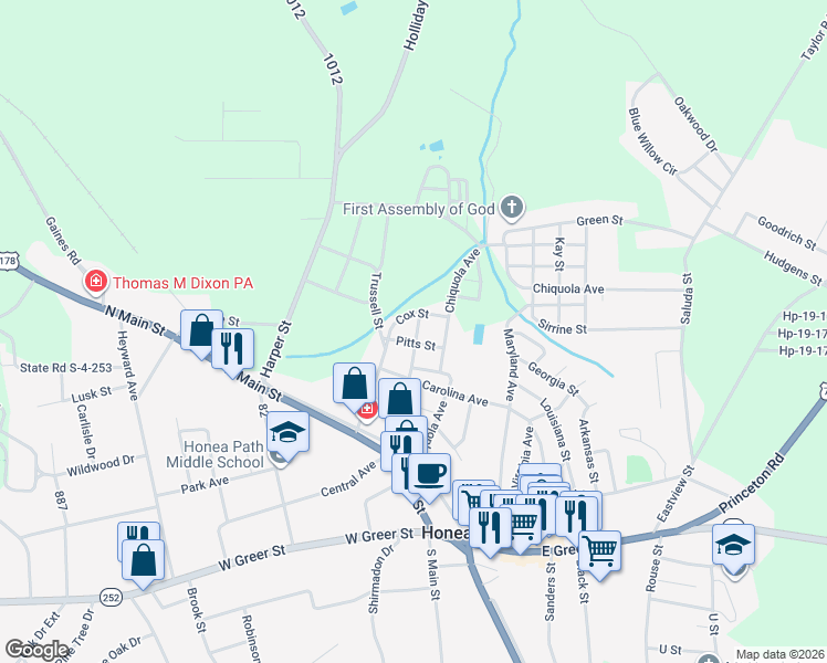 map of restaurants, bars, coffee shops, grocery stores, and more near 205 Orr Street in Honea Path