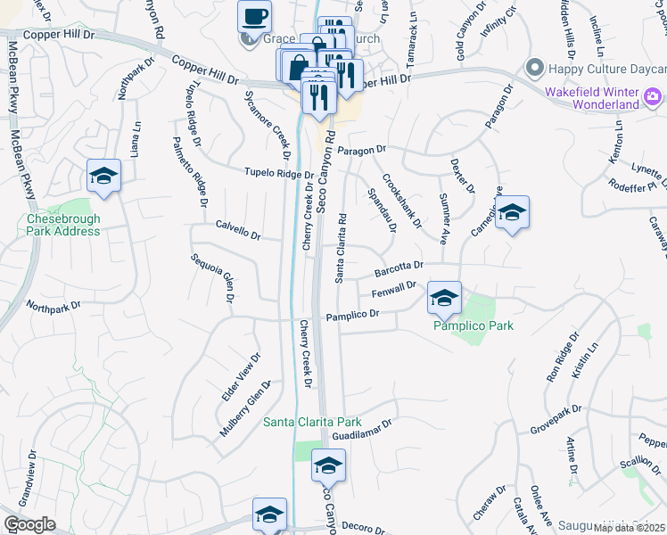 map of restaurants, bars, coffee shops, grocery stores, and more near 27545 Santa Clarita Road in Santa Clarita