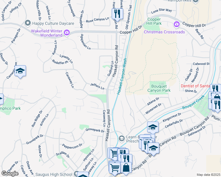 map of restaurants, bars, coffee shops, grocery stores, and more near 28105 Bobwhite Circle in Santa Clarita