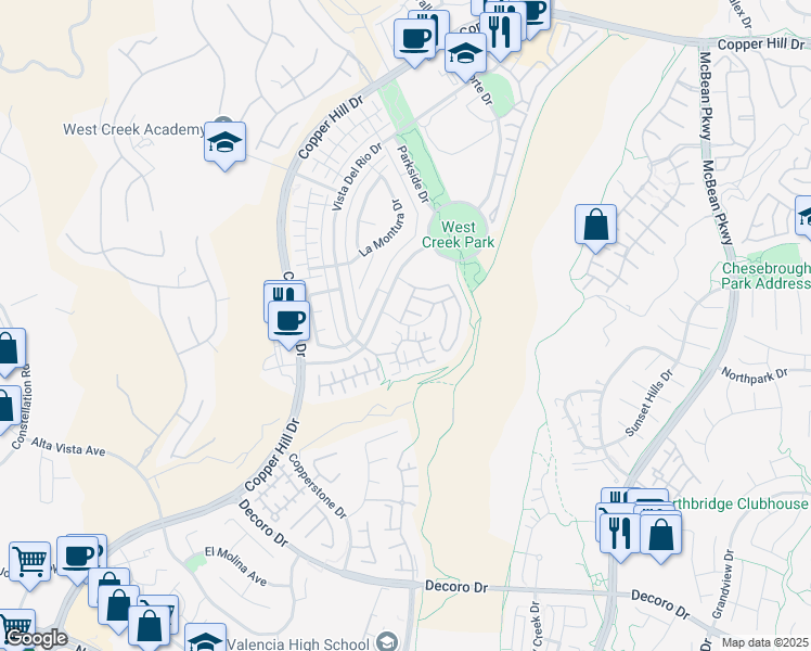 map of restaurants, bars, coffee shops, grocery stores, and more near Arroyo Spring Drive in Santa Clarita