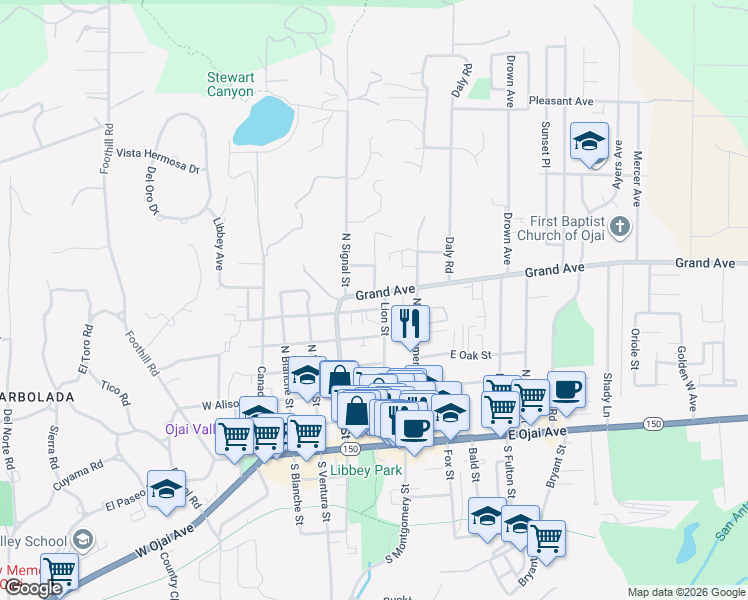 map of restaurants, bars, coffee shops, grocery stores, and more near 212 Grand Avenue in Ojai