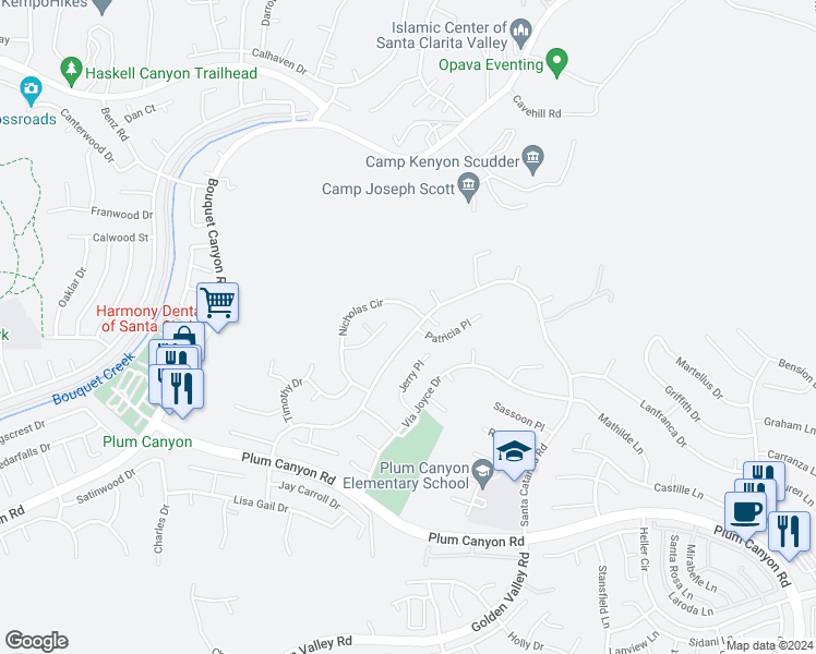 map of restaurants, bars, coffee shops, grocery stores, and more near 28385 Rodgers Drive in Santa Clarita
