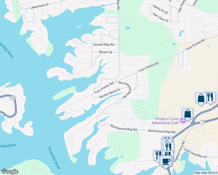 map of restaurants, bars, coffee shops, grocery stores, and more near 1015 Twin Points Road in Garland County
