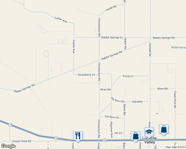 map of restaurants, bars, coffee shops, grocery stores, and more near Strawberry Lane in Lucerne Valley
