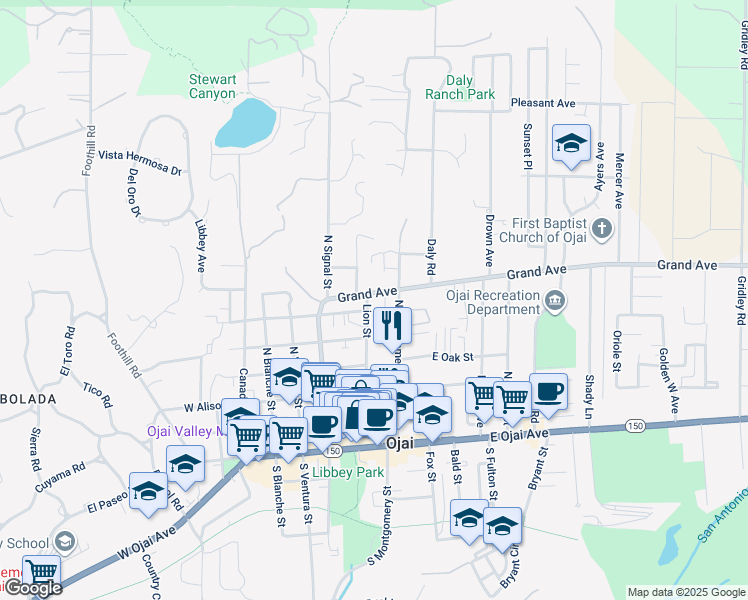 map of restaurants, bars, coffee shops, grocery stores, and more near 701 North Montgomery Street in Ojai
