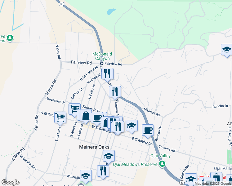 map of restaurants, bars, coffee shops, grocery stores, and more near 2225 Maricopa Highway in Ojai
