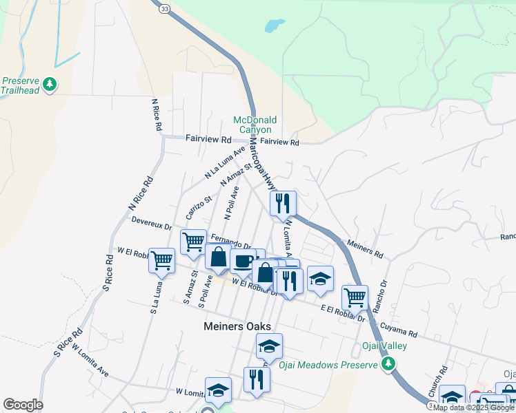 map of restaurants, bars, coffee shops, grocery stores, and more near 344 North Alvarado Street in Ojai