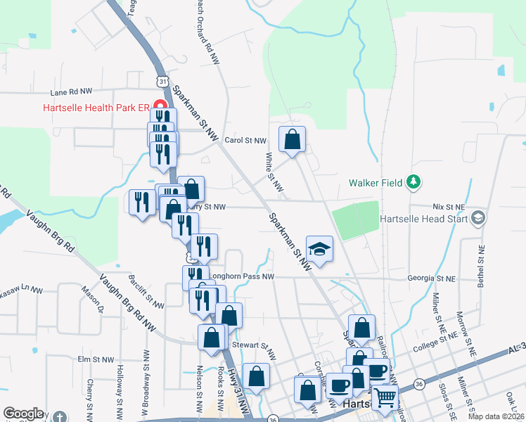 map of restaurants, bars, coffee shops, grocery stores, and more near 503 Curry Street Northwest in Hartselle