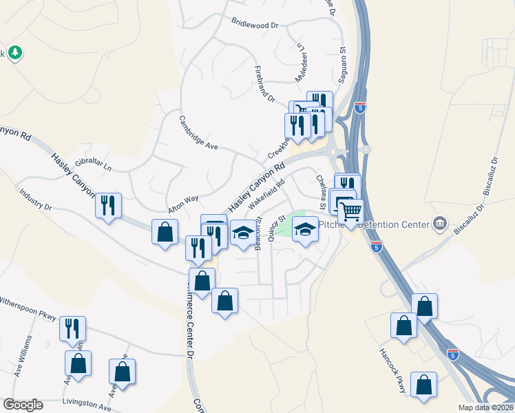 map of restaurants, bars, coffee shops, grocery stores, and more near 27854 Wakefield Road in Castaic