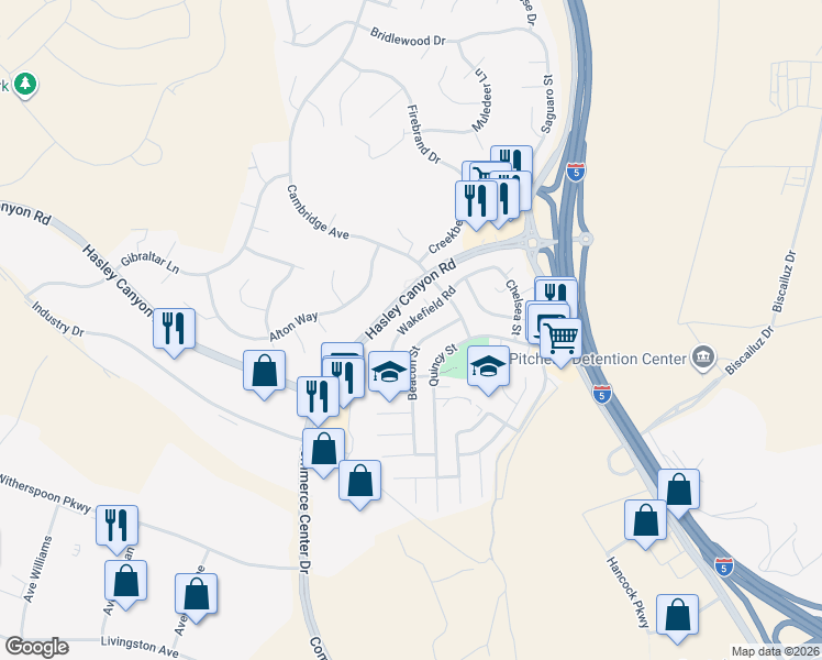 map of restaurants, bars, coffee shops, grocery stores, and more near 27854 Wakefield Road in Castaic