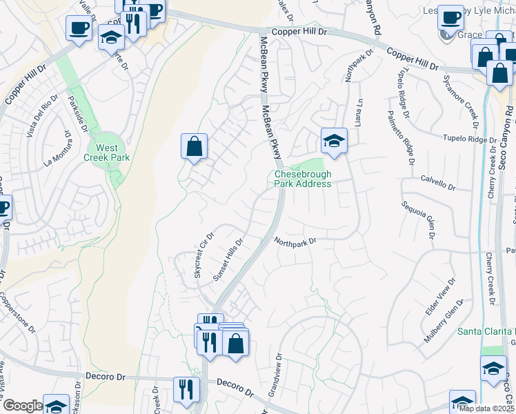 map of restaurants, bars, coffee shops, grocery stores, and more near 23633 Shadylane Place in Santa Clarita