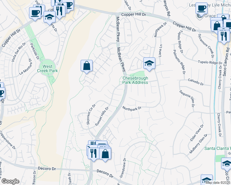 map of restaurants, bars, coffee shops, grocery stores, and more near 23633 Shadylane Place in Santa Clarita