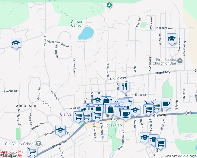 map of restaurants, bars, coffee shops, grocery stores, and more near 703 North Ventura Street in Ojai
