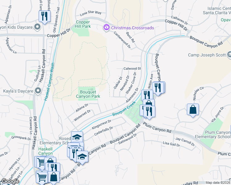 map of restaurants, bars, coffee shops, grocery stores, and more near 28116 Oaklar Drive in Santa Clarita