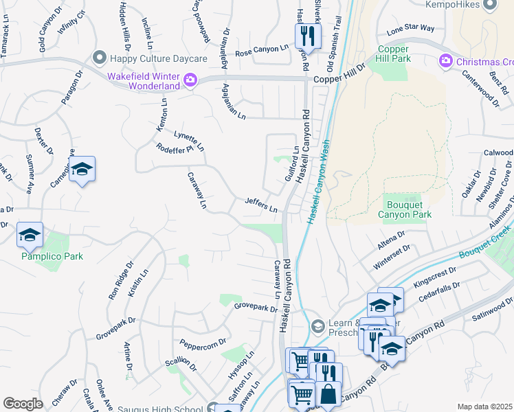 map of restaurants, bars, coffee shops, grocery stores, and more near 21708 Jeffers Lane in Santa Clarita