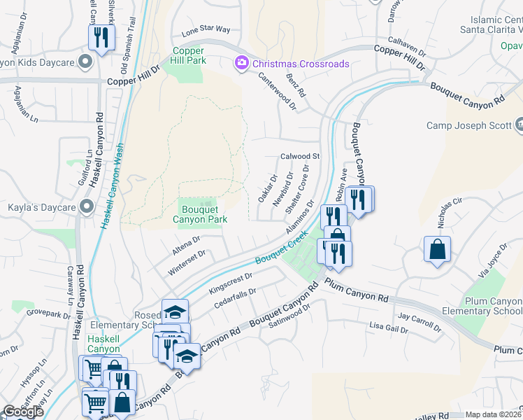map of restaurants, bars, coffee shops, grocery stores, and more near 28116 Oaklar Drive in Santa Clarita